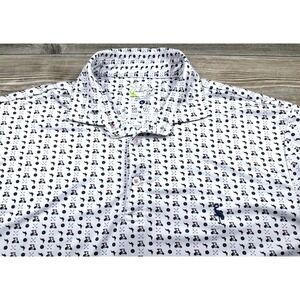 Tailor Byrd Mens L Performance Polo Shirt White/Golf Cart All-Over Print Preppy